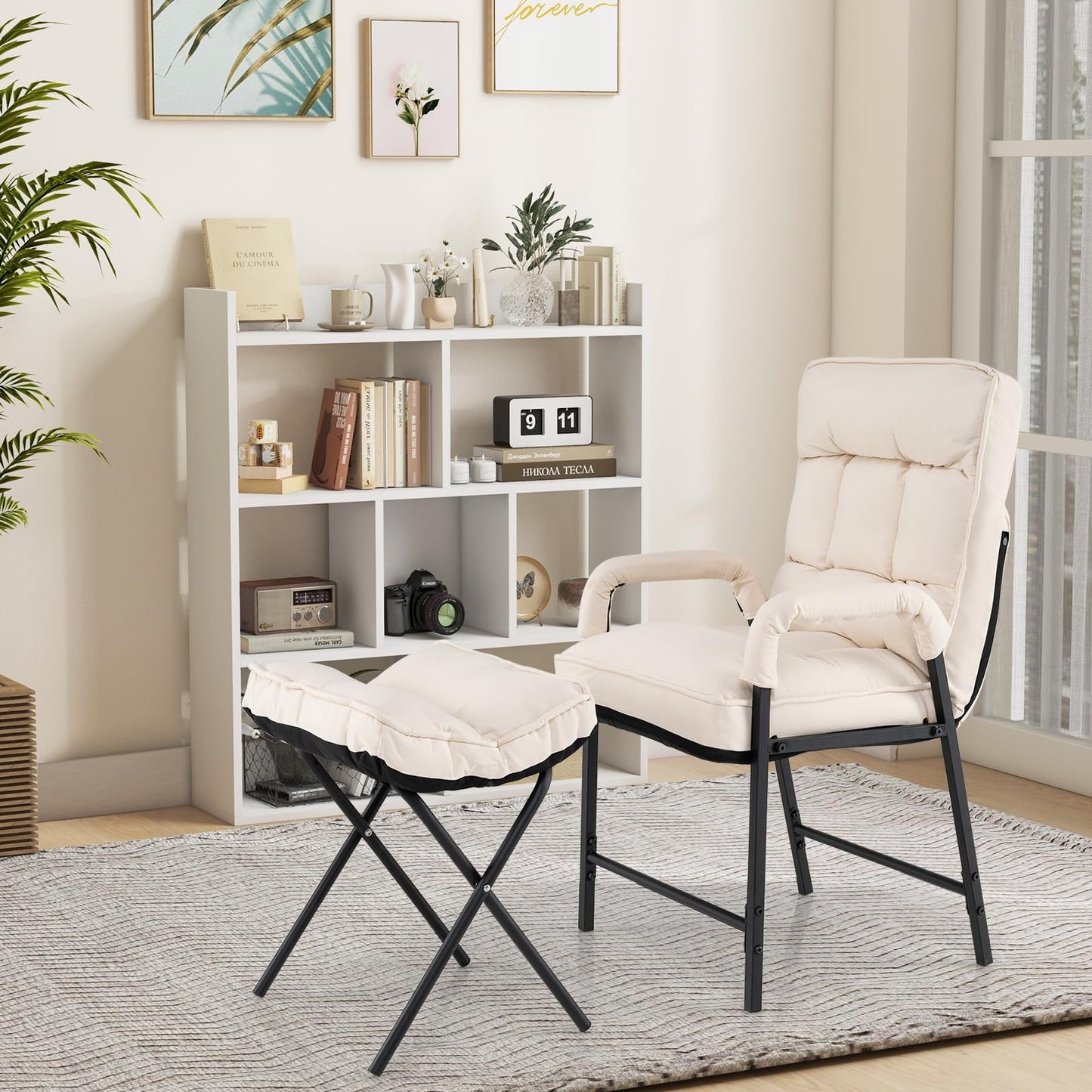 Giantex Modern Accent Chair with Ottoman, Upholstered Arm Chair with Adjustable Backrest & Solid Metal Frame, Linen Fabric Single Sofa Chair and Footrest Set for Bedroom, Living Room (Beige)