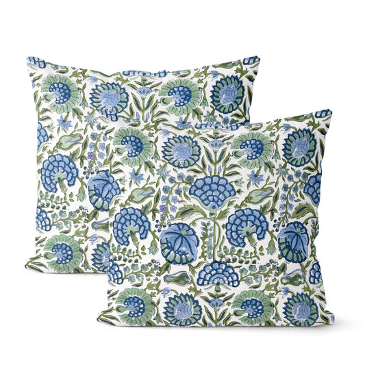 DAFENA Boho Navy Blue Pillow Covers 18x18 Inch 2 Pcs Sage Green Vintage Floral Decor Throw Pillows Spring Flower Summer Outdoor Farmhouse Decoration Pillowcase Cushion Cover for Couch Sofa Bed