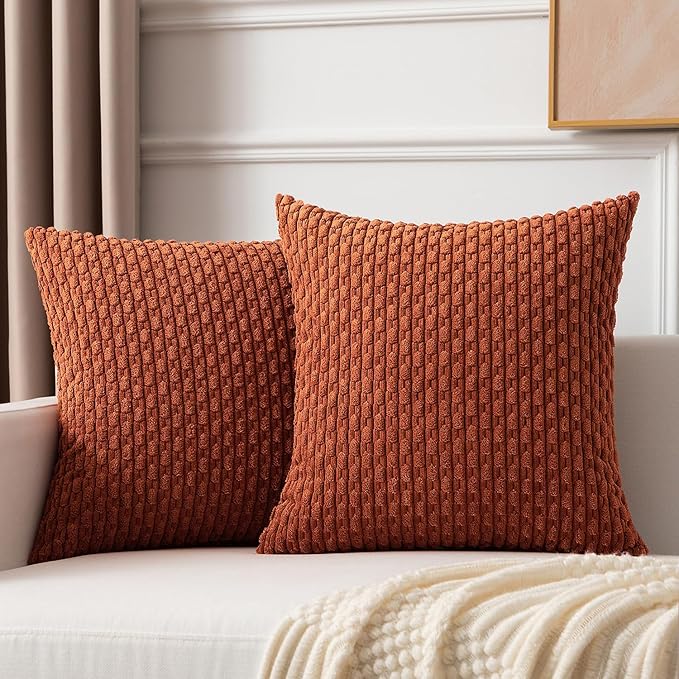 Kevin Textile Fall Pack of 2 Corduroy Decorative Throw Pillow Covers 22x22 Inch Soft Boho Striped Pillow Covers Modern Farmhouse Home Decor for Sofa Living Room Couch Bed Rust