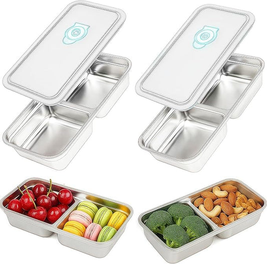 BSTUR 2Pcs 304 Stainless Steel Snack Containers, 30 oz 2 Compartments Portable Food Storage Bento Boxes with Leakproof Lids, Divided Meal Prep Lunch Box Food Container Dishwasher Safe