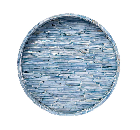 PEMAR 12.6” Mother of Pearls Lacquer Inlaid Round Serving Tray with Handles, Round Decorative Nacred Wooden Ottoman Coffee Table Tray (Blue Tiles)