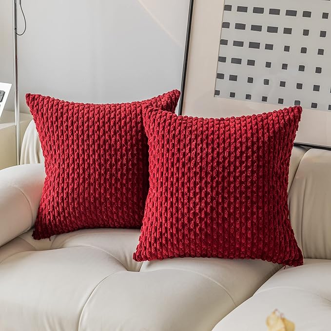 Kevin Textile Christmas Pillow Covers Pack of 2 Cushion Covers for Bedroom 20x20 Inch Burgundy Soft Corduroy Throw Pillow Cover with Stripes Machine Washable Pillowcase for Bedroom