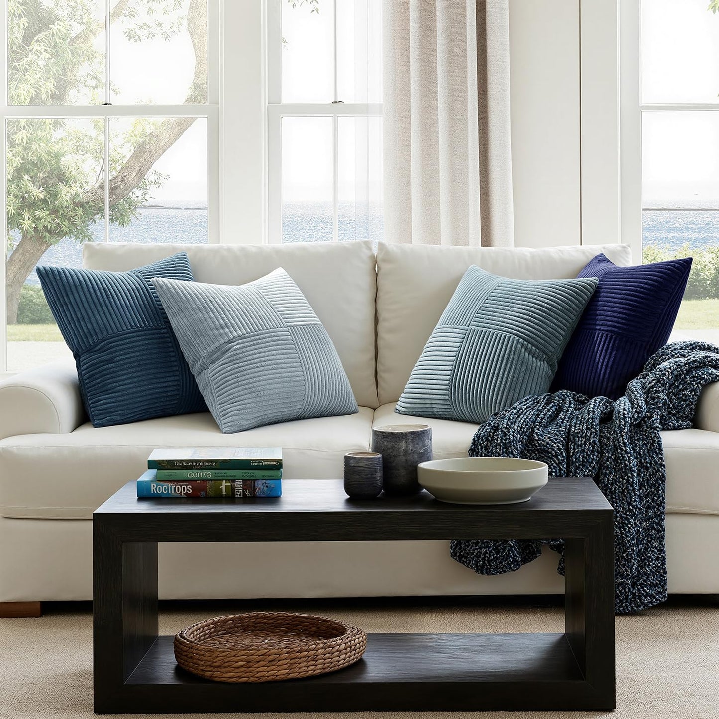 ANRODUO Pack of 4 Decorative Throw Pillows for Couch Neutral Blue 18x18 Inch Boho Cozy Soft Corduroy Cushion Covers Farmhouse Accent Pillowcases for Mid Century Coastal Summer Home Decor Living Room