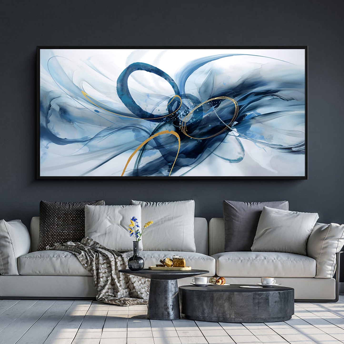 XLSJERST Frame Wall Art - Modern Abstract Canvas Wall Art Blue and White Picture Artwork for Office Bedroom Home Decoration