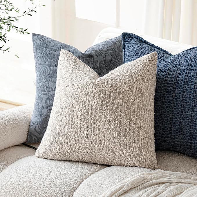 Foindtower Decorative Textured Boucle Throw Pillow Covers Accent Solid Pillow Cases Neutral Soft Cozy Couch Cushion Case for Chair Sofa Bedroom Living Room Home Decor 26 x 26 Inch,Light Beige