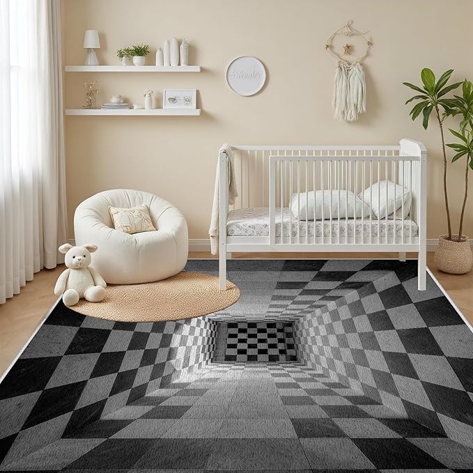 3D Rug 3x5, Plaid Soft Ultra Soft Faux Wool Low Pile Optical Illusion Rug, Indoor Floor Mats Abstract Geometric Carpet, Non-Slip Stain Resistant Washable Rugs, Modern Gray Rugs for Living Room