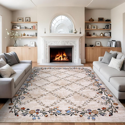 GarveeHome 5x7 Floral Washable Area Rug, Beige Vintage Boho Low Pile Non Slip, Soft Indoor Large Rug for Living Room, Bedroom, Dining Room, Office