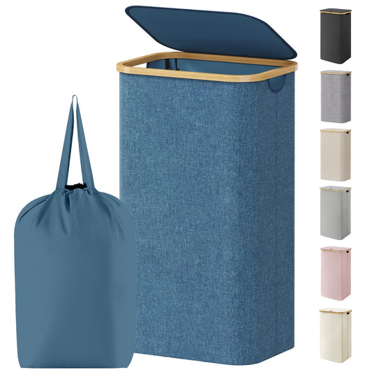 Lifewit 100L Laundry Basket with Lid, Clothes Hampers for Laundry with Bamboo Handles and 1 Removable Bag, Large Foldable Laundry Hamper for Bedroom, Bathroom, Dorm, Laundry Room, Dark Blue