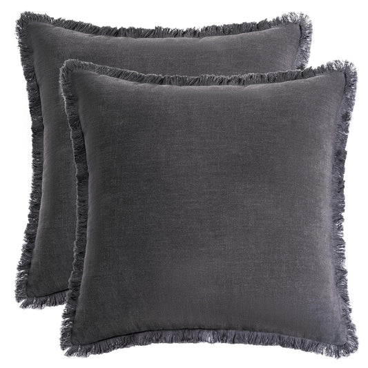 AmHoo Pack of 2 Linen Pillow Covers with Tassels Fringed Decorative Rustic Natural Throw Pillowcase Cushion for Couch Sofa Bedroom 18 x 18-Inch Dark Grey