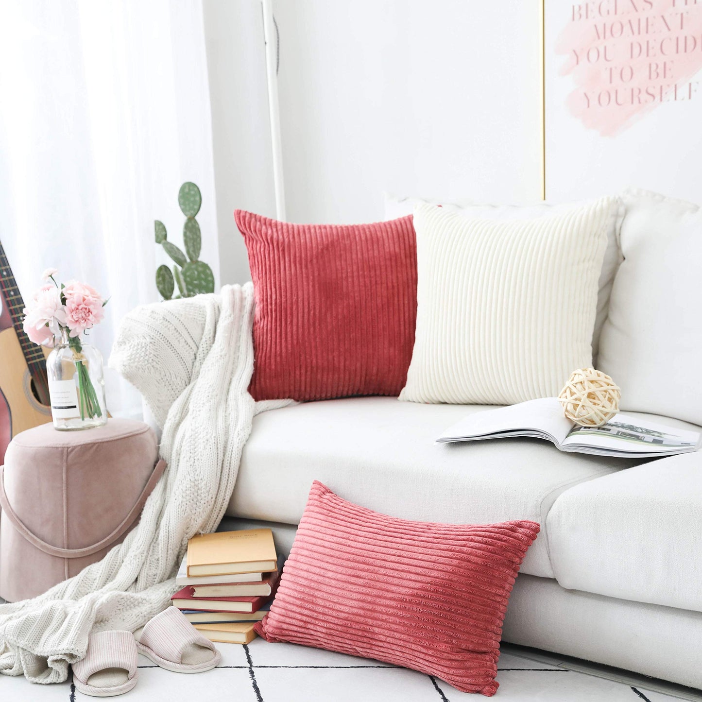 Home Brilliant Super Soft Plush Corduroy Textured Large Euro Pillow Sham Summer Pillow Cover for Couch Floor Bedroom, Washable & Breathable, 26 x 26(66cm), Cream Cheese