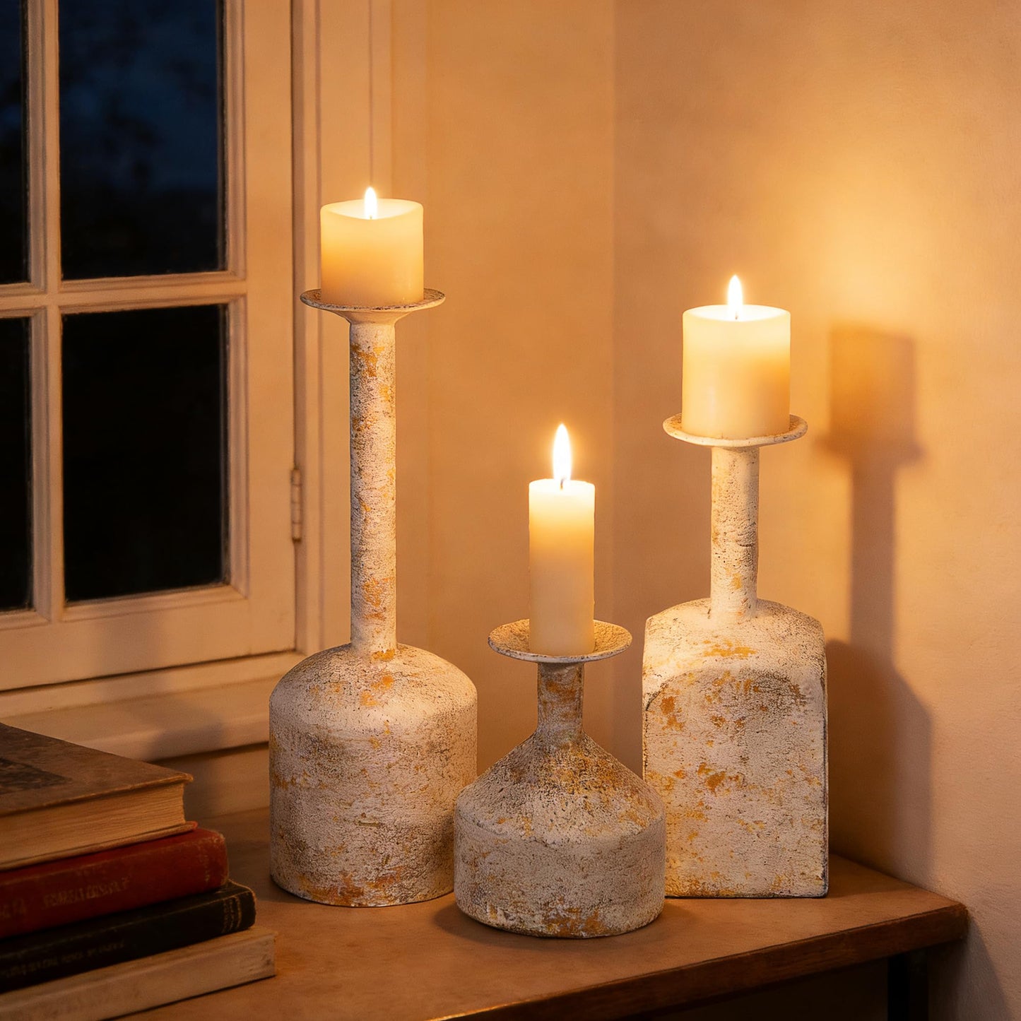 Twakutwaku Farmhouse Metal Candlestick Holders in Shabby White Finish, Tall Taper Candle Holder, Set of 3, Industrial Farmhouse Style, Decor for Table Centerpiece