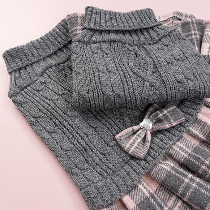YUDODO Small Dog Sweater Dress with Bowtie Turtleneck - Knitted Pet Girl Dog Winter Clothes - Pet Warm Sweater for Puppy Yorkies, Chihuahua (M Grey)