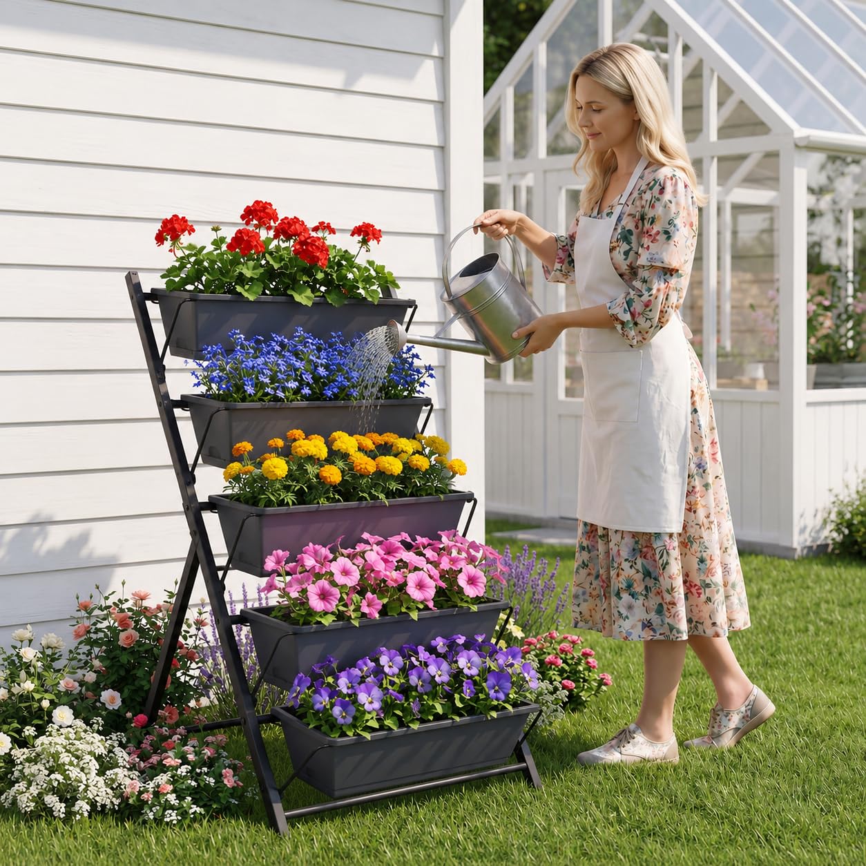 Giantex 5 Tier Vertical Planter Set of 2, Raised Garden Bed with Drainage Holes & Removable Trays, Metal Frame Elevated Planter Boxes for Herbs Vegetables Flowers, Indoor Outdoor Patio Balcony
