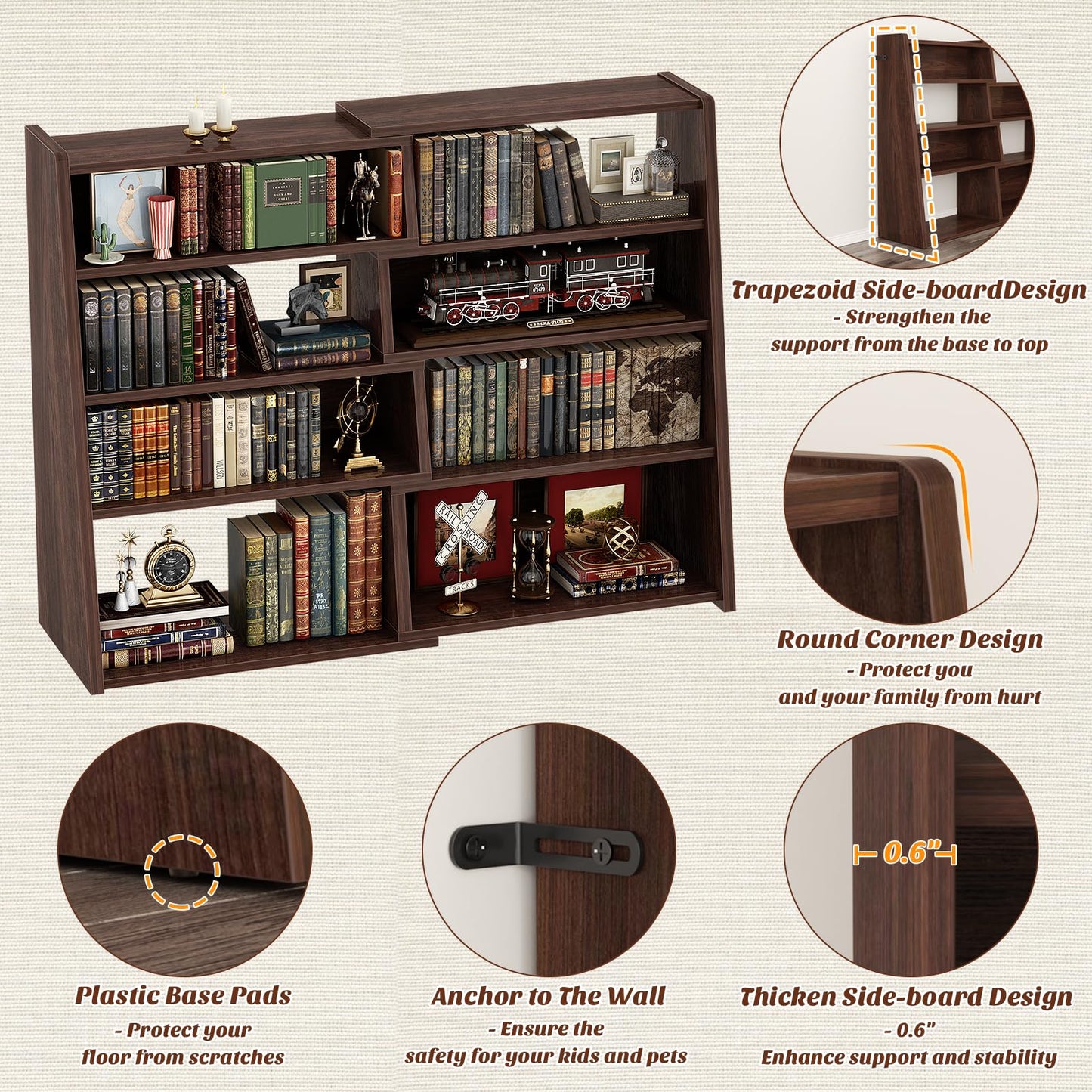 Armocity Expandable Bookshelf, Short Corner Bookshelf for Small Spaces, Small Ladder Book Shelf, Extendable Wood Narrow Bookcase for Living Room, Bedroom, 5 Tier, Black Walnut