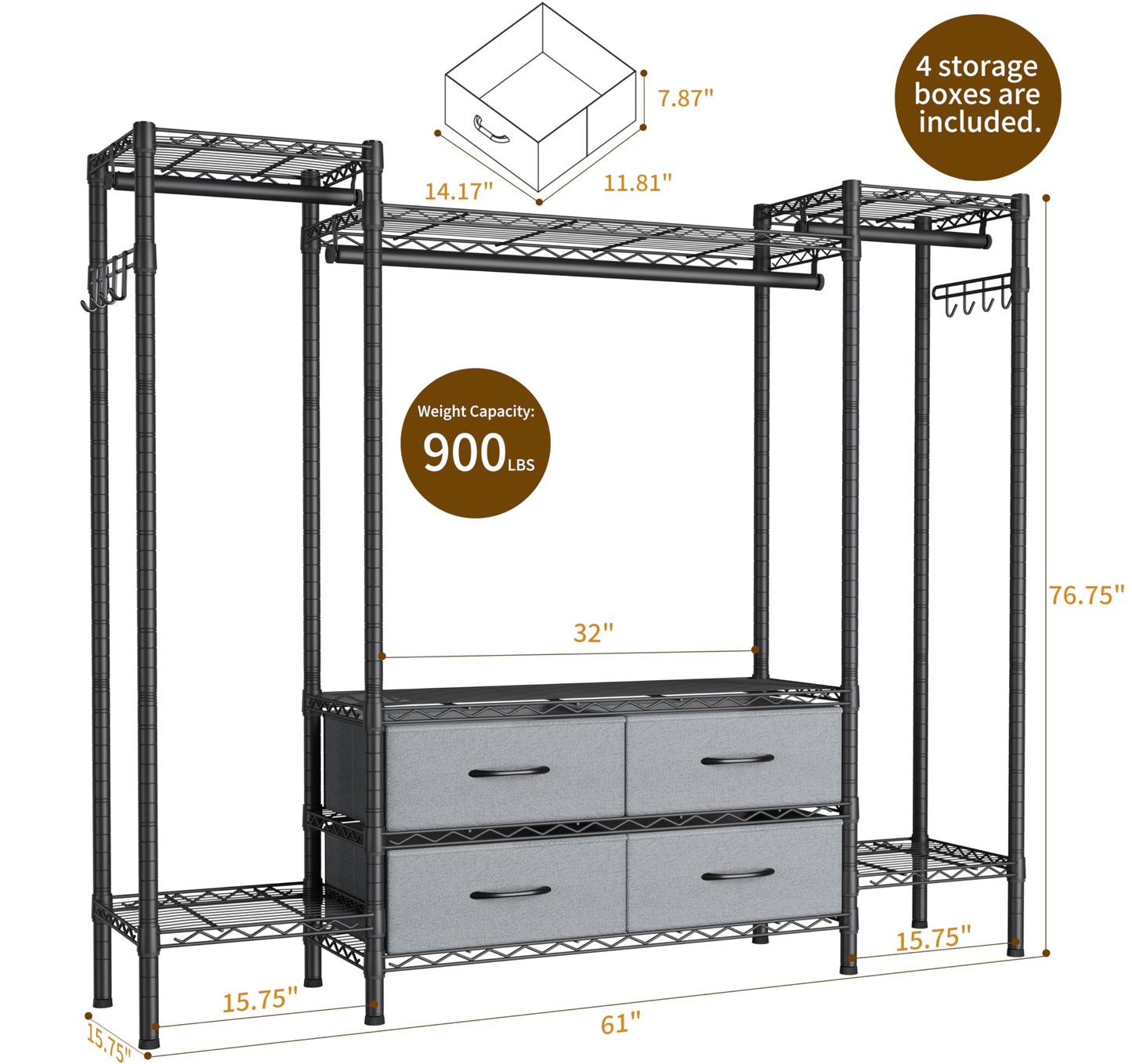 Golpart Heavy Duty Garment Rack Clothes Rack,Large Metal Closet Organizer System Storage Wardrobe,Freestanding Clothing Rack with 8 Adjustable Wire Shelves&3 Hang Rods,MaxLoad 900lbs