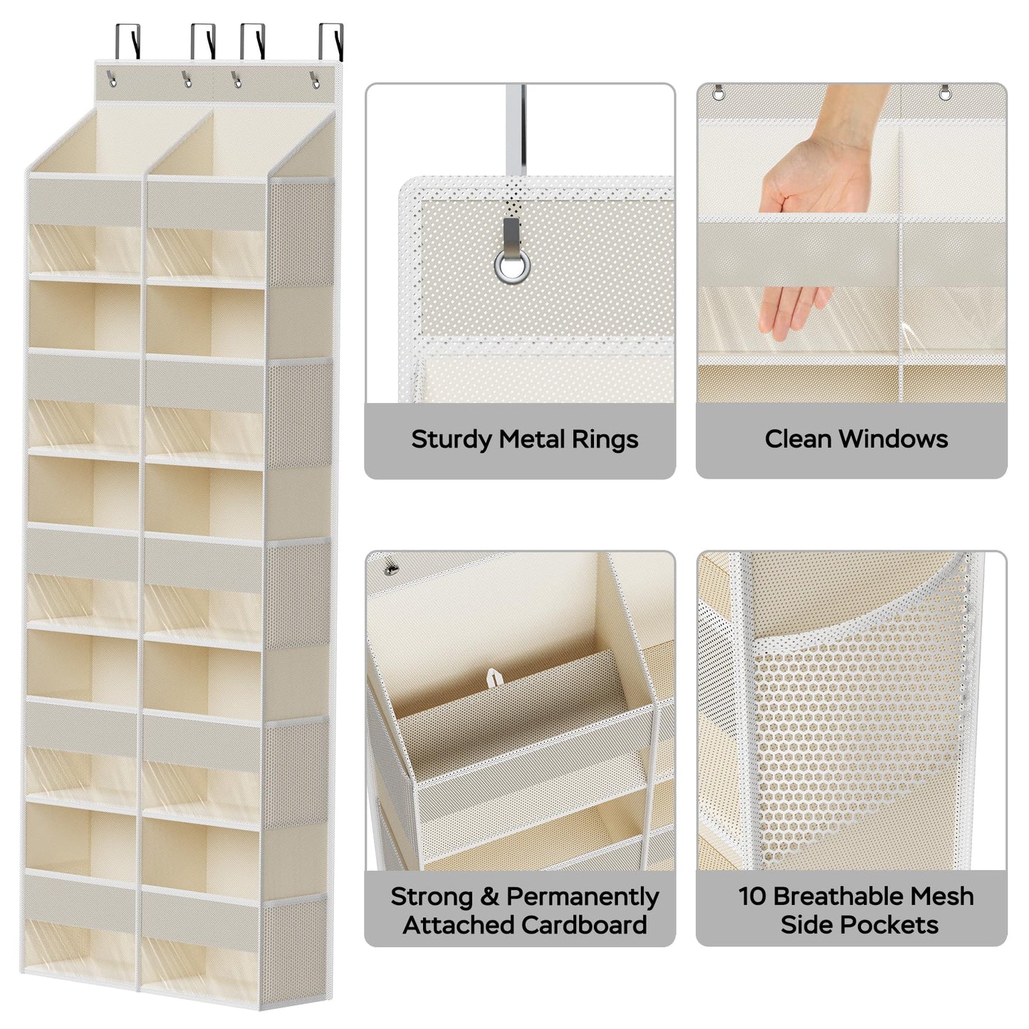 MAX Houser 5-Shelf Over The Door Hanging Organizer with 4 Metal Hooks，5 Pocket Over The Door Wall Mount Storage with Clear Windows for Bathroom Closet,Bedroom(Beige)