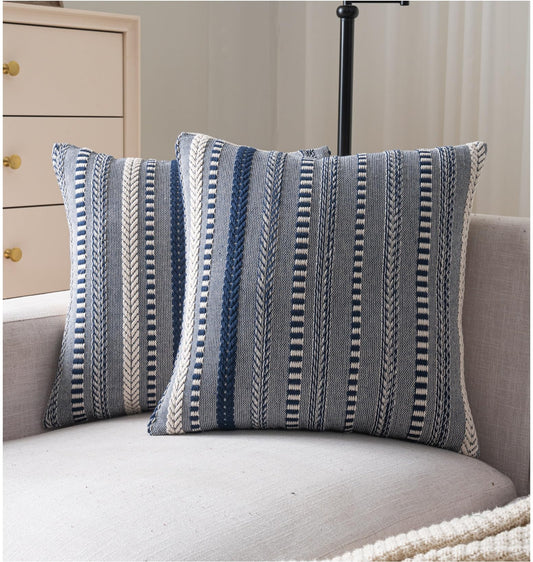 Cethom Boho Throw Pillow Covers 18x18 Inch Set of 2, Farmhouse Decorative Couch Pillow Cases, Navy Blue Accent Pillows of Bed, Sofa Bedroom Living Room Home Decor Cushion Cover