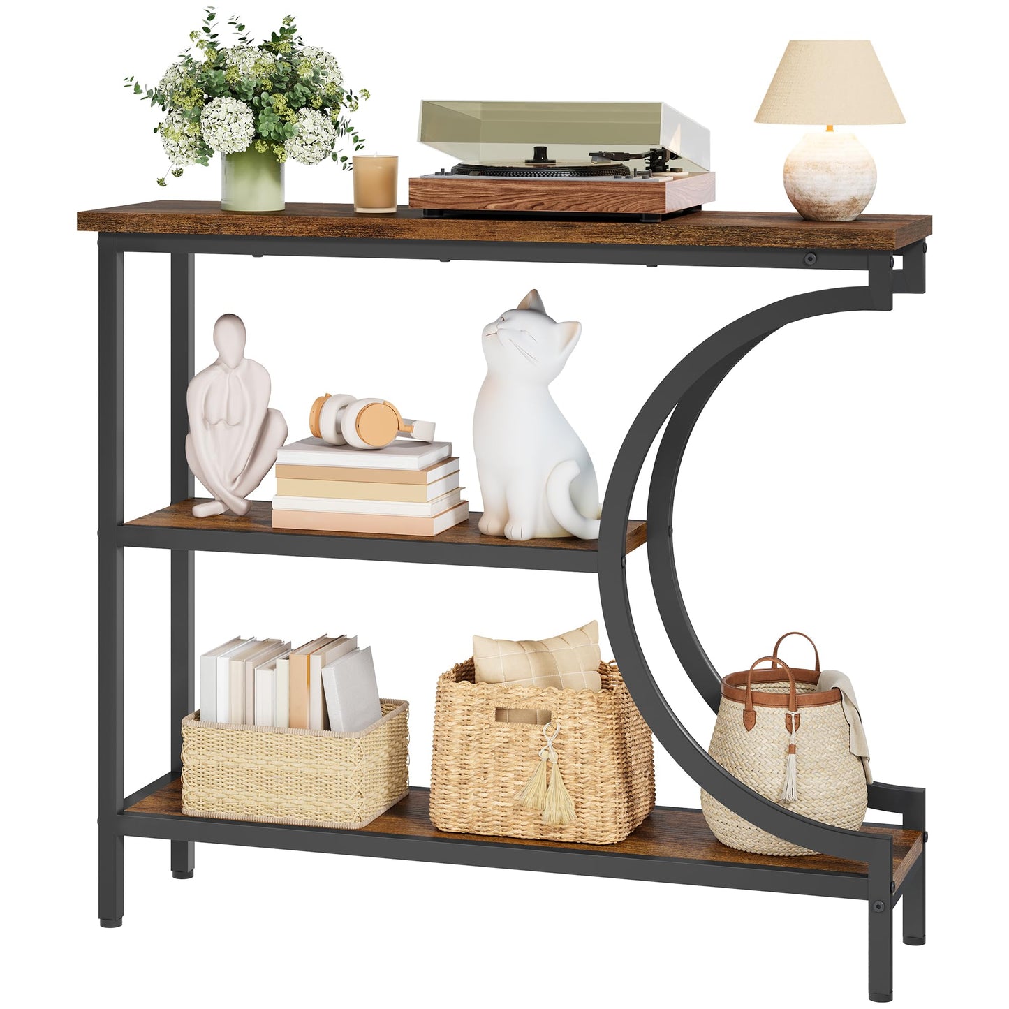 Hoctieon Console Table, 3-Tier Industrial Entryway Table with Storage, Hallway Tables, Narrow Entrance Sofa Tables, C-Shaped Metal Frame, Accent Tables with Shelves for Living Room, Rustic Brown