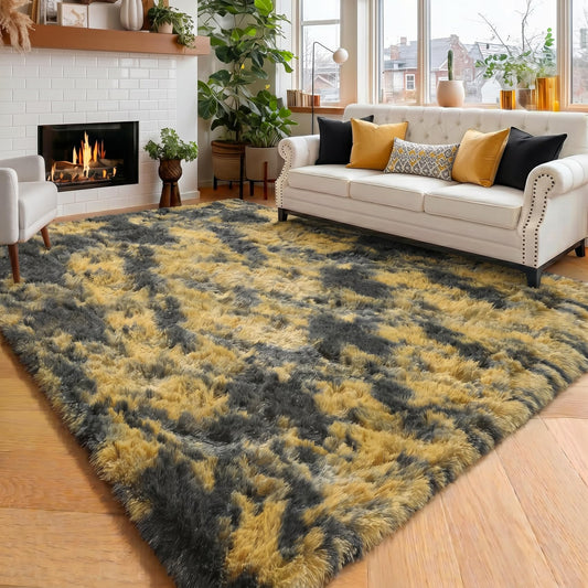 Amdrebio Black Gold Yellow Grey Rugs for Bedroom Living Room Decor, Fluffy Furry Fuzzy Shaggy Area Rug 4x6 for Kids Room Dorm Home Office, Modern Cool Leopard Cheetah Shag Carpet for Teen Boys Men