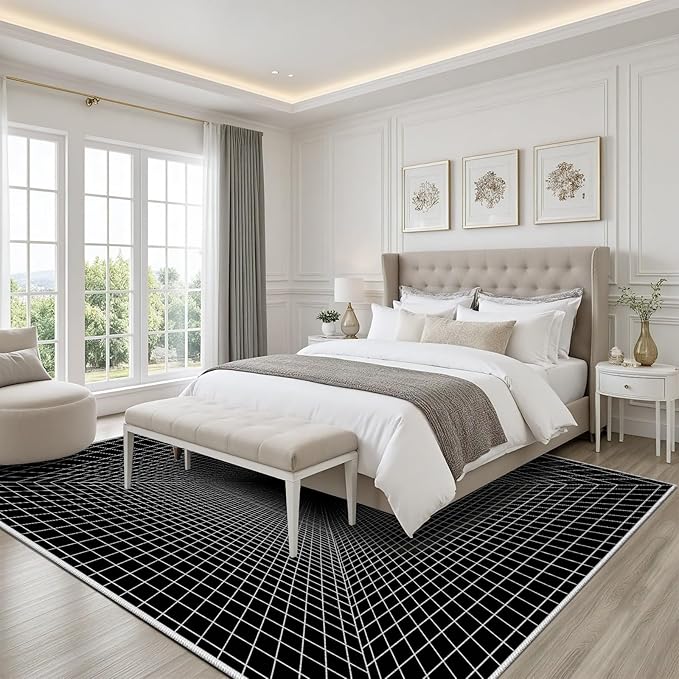 Optical Illusion Rug - Washable Rugs 6x8, Abstract Geometric Lines Soft Neutral Indoor Floor Mats Plaid Carpet, Non-Slip Stain Resistant Modern Black Rug for Bedroom, Living Room Rugs