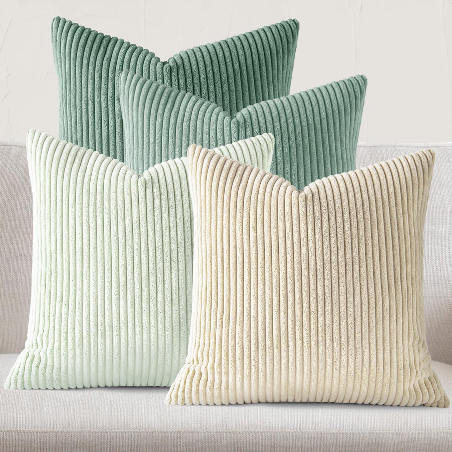 JEYDER Boho Farmhouse Sage Green Mix Throw Pillow Covers 18x18 Inch Set of 4, Striped Corduroy Decorative Pillow Cases, Soft Modern Home Decor for Couch Sofa Living Room Bedroom, All Season S9