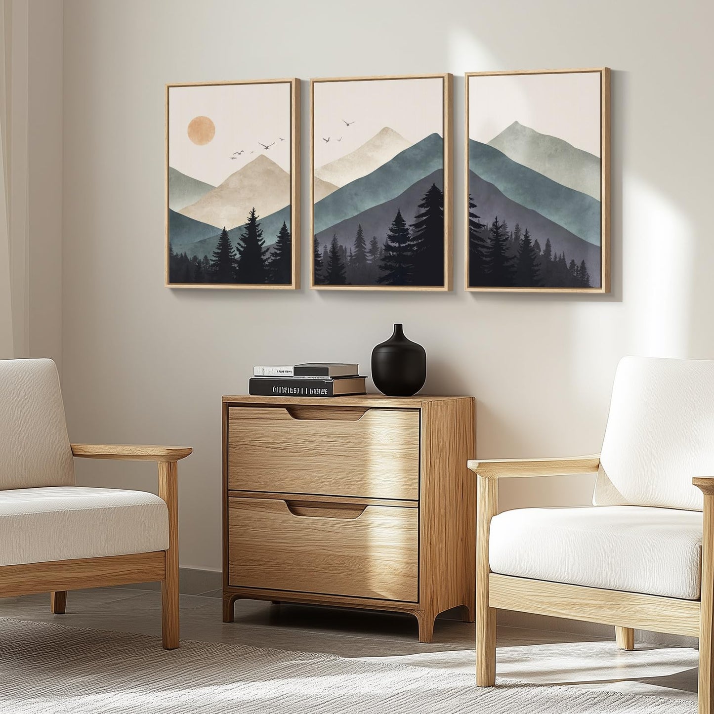 Cuspin Boho Framed Mountain Forest Landscape Wall Art, 3 Piece Bohemian Canvas Prints, Modern Nature Wall Art for Living Room, 3 Count, 16x24 Inch