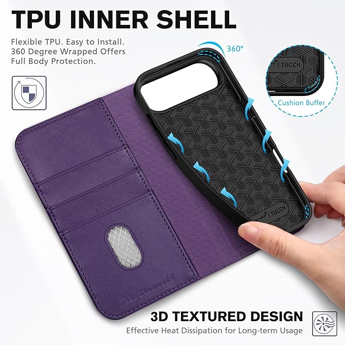 TUCCH Wallet Case for iPhone Air (6.5") 2025, 3 Credit Card Slot | RFID Blocking | Stand | PU Leather | Protective Flip Folio Cover | Shockproof TPU Interior Shell | Dark Purple