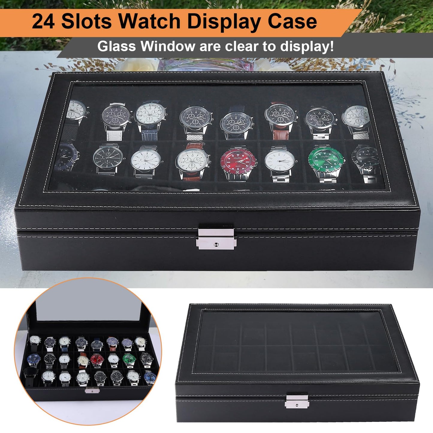 Artilife 24 Slot Watch Box for Men,Watch Cases for Men,Watch Display Case,Glass Top,PU Leather Display Storage Collection Organizer Jewelry Case Watch Organizer with Removable Pillows Black