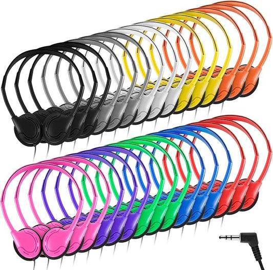Yunsailing 30 Pack Bulk Over Ear Headphones Set On Ear Headsets Earphones with Adjustable Headband and 3.5mm Plug for Group Learning, Computer Lab, Library, Online Lesson and Testing (Classic Color)