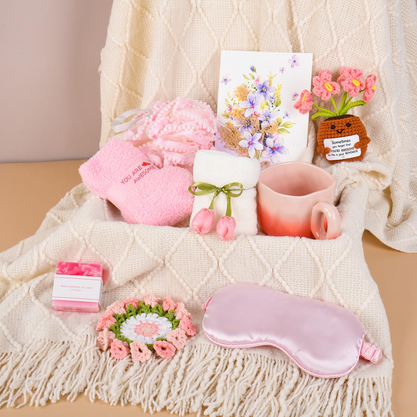Kovtesiu Birthday Gifts for Women, Knitted Tassel Throw Blanket Pink Gift Basket with Handmade Crocheted Potted Plants and Flower Coasters, Inspirational for Mom Her Wife Friend Grandma
