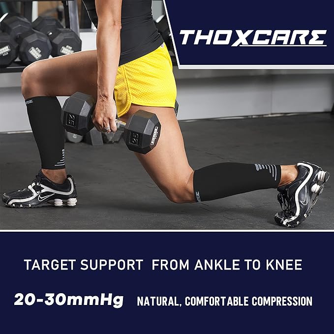 Thoxcare Calf Compression Sleeve for Men Women (1 Pair), Leg Support Footless Compression Socks for Running - Shin Splint Varicose Veins Swelling & Pain Relief, Black/Gray, Large