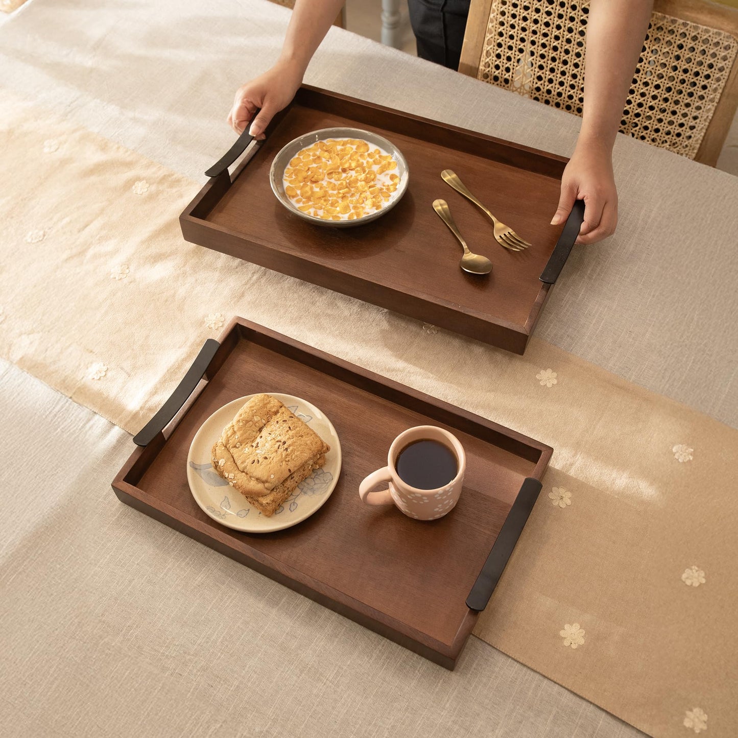 Ellementry Wooden Serving Tray Set – Decorative Tray for Coffee Table, Kitchen & Dining, Serving Platters, Breakfast & Snack Tray