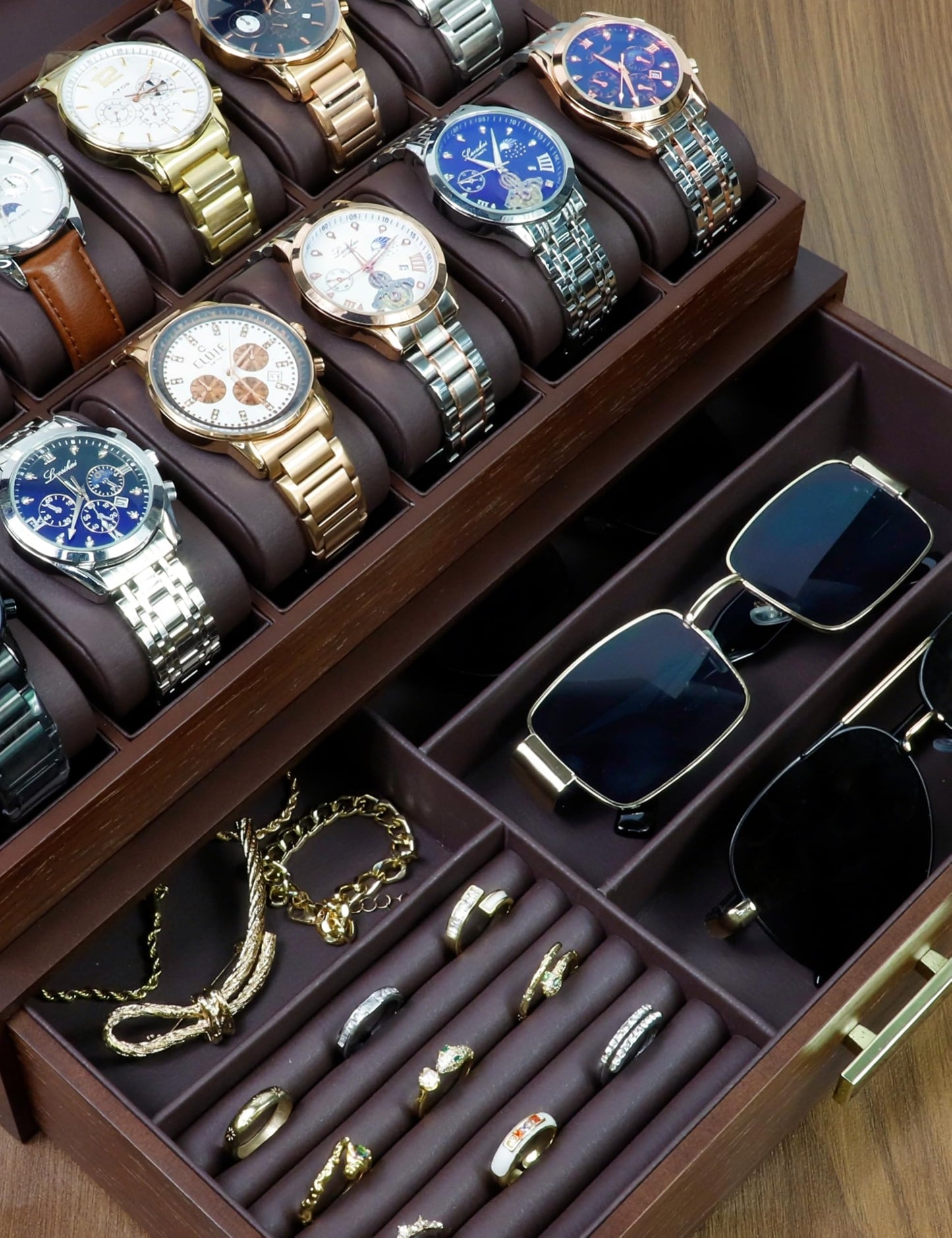 High End Watch Box for Men, 12 Slot Wooden Watch Case With Drawer, Watch Display Box with Glass Lid, 2-Layer Watch Holder for Jewelry and Watch Storage for Men Women , Ideal for Gift (With Gift Box)