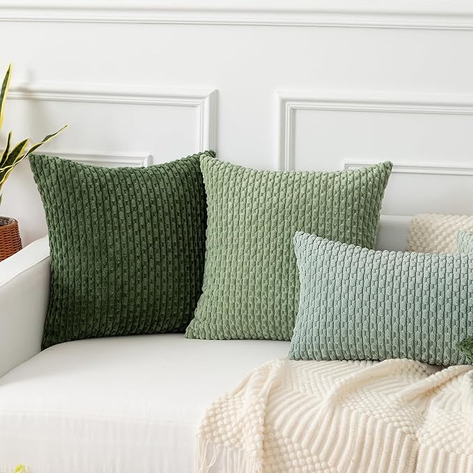 Kevin Textile Throw Pillow Covers Soft Corduroy Decorative Set of 2 Boho Striped Pillow Covers Pillowcases Farmhouse Home Decor for Couch Bed Sofa Living Room 20x20 Inch Moss Green