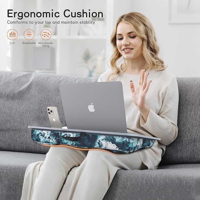 Millhome Lap Desk | Portable Laptop Desk – Fits Up to 17.3" Laptops –Detachable & Washable, Phone Holder, Device Ledge – for Writing, Working, Reading on Bed, Couch, Sofa, Floor – Blue Waves