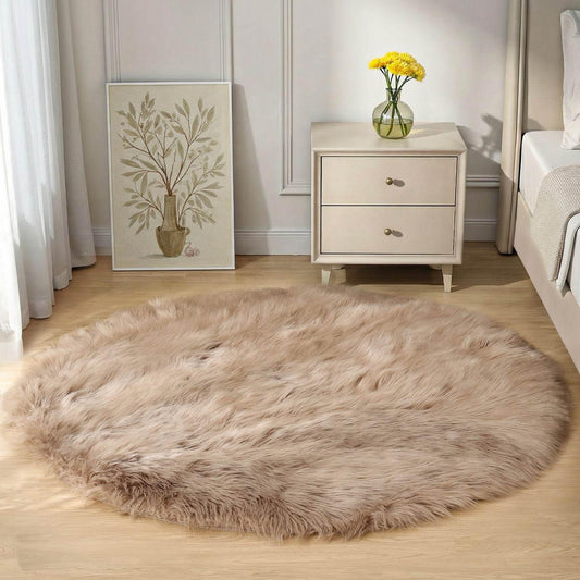 Goolela Beige Round Rug 4ft Fluffy Sheepskin Faux Fur Rug for Bedroom Bedside Living Room Fuzzy Furry Circle Carpet
