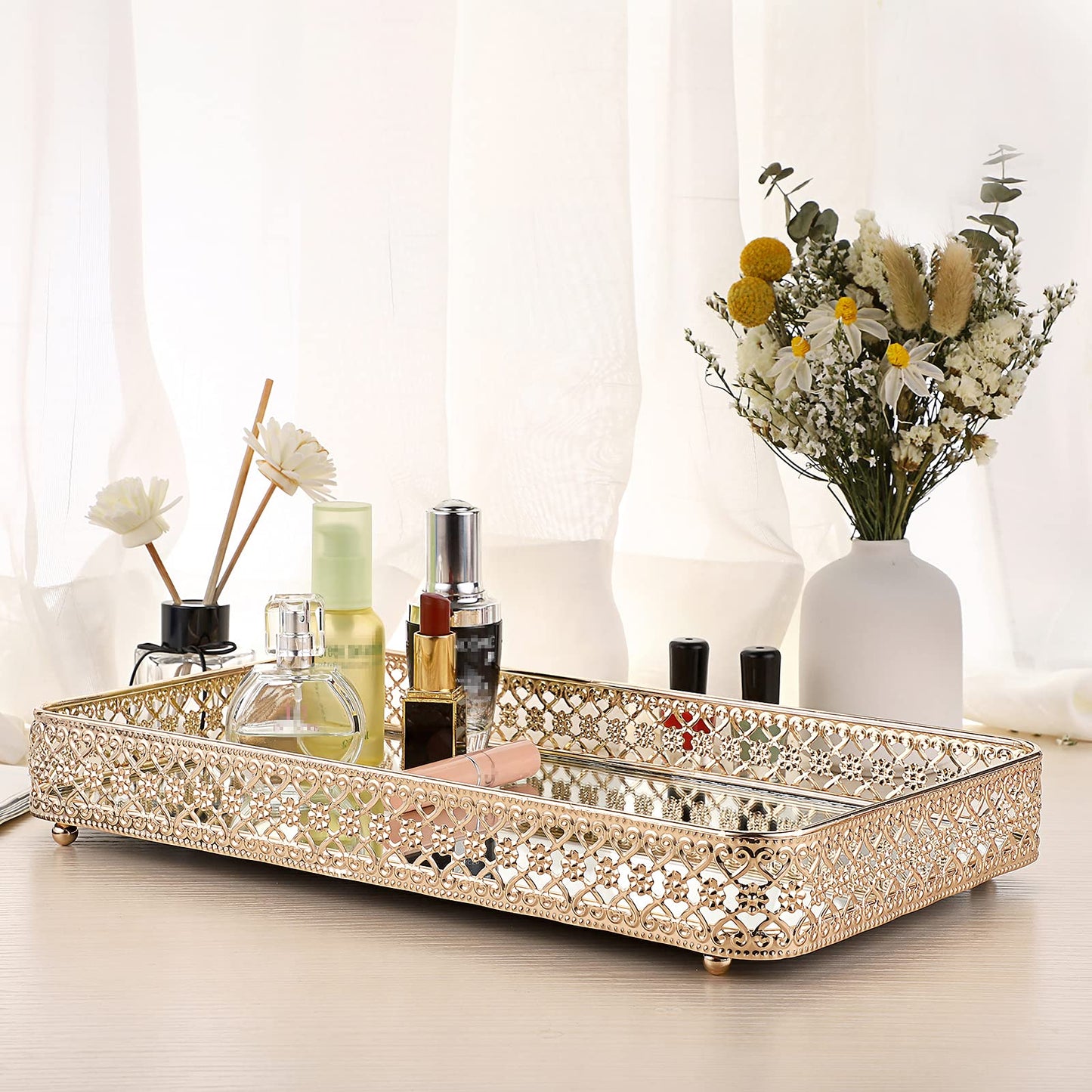 ELLDOO Gold Perfume & Makeup Vanity Tray - Hollow-Carved Jewelry Storage, Glass & Metal Trinket Organizer for Dresser & Bathroom Countertop, Large Size