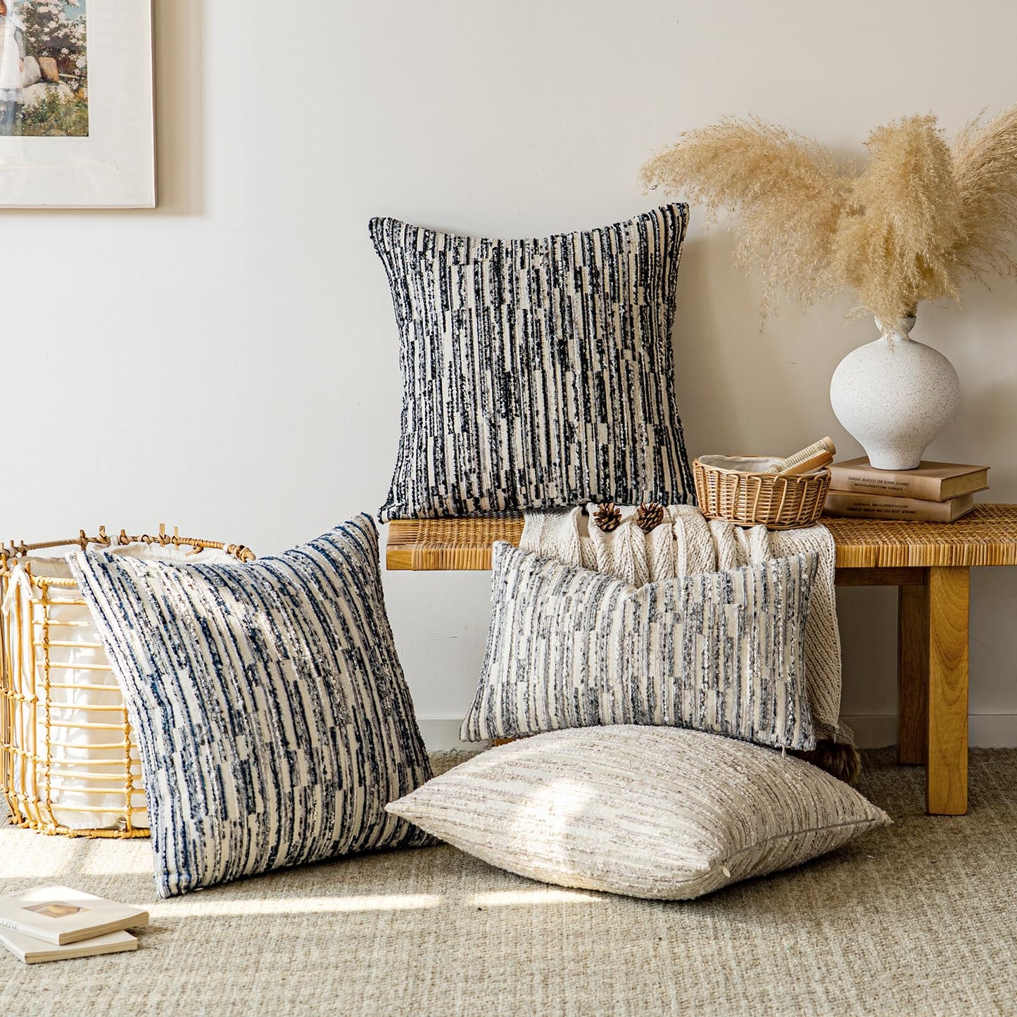 a moment Boho Throw Pillow Covers Set of 2,Striped Decorative Rustic Farmhouse Pillow Cases,Aesthetic Modern Home Decor Couch Cushion Covers for Bed Sofa Living Room 18"X18" Blue