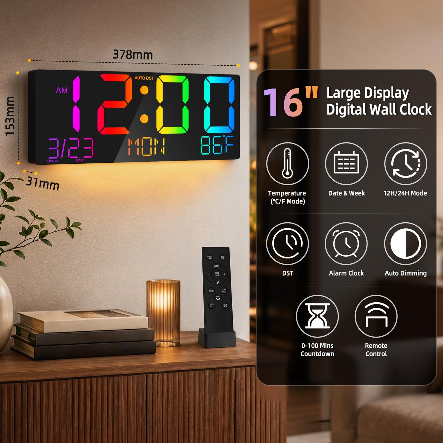Mee 2ou 16" Large Digital Wall Clock with RGB LED Jumbo Number, Remote Control, Auto DST, Temperature,Calendar, Modern Wall Mount Digital Clock for Living Room, Classroom, Office Wall, Senior Bedroom