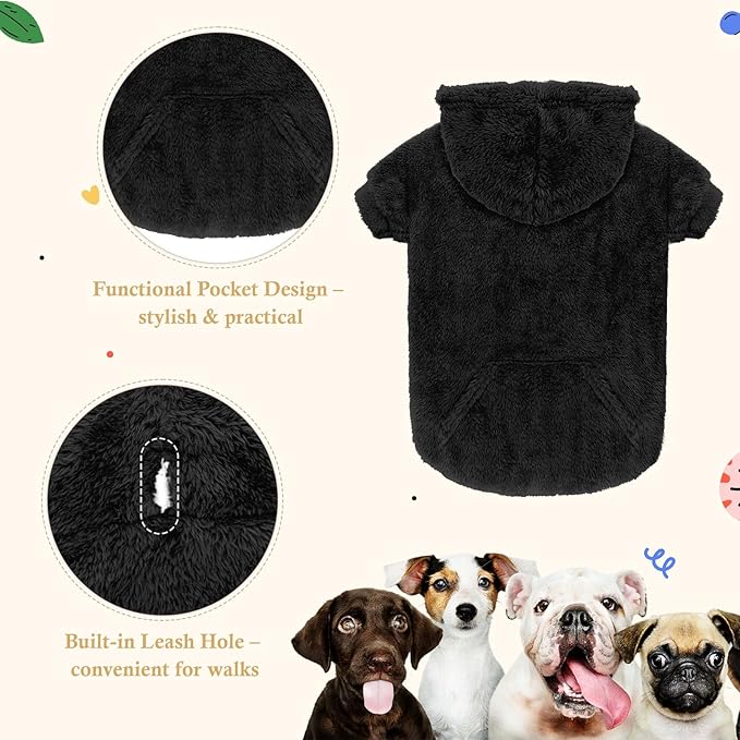 Dog Sweaters,Dog Hoodie,Warm Fuzzy Fleece Sweatshirt with Hood & Pocket,Leash Hole,Cozy Cold Weather Pet Clothes Pet Sweater for Small,Medium,and Large Dogs(Black,M)