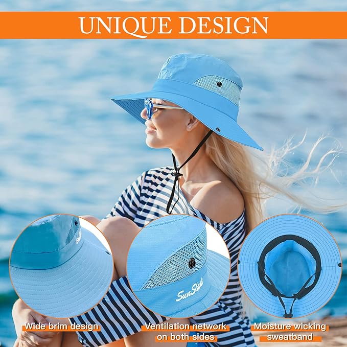 Sun Hats for Women Beach Hat Ponytail Hat Womens Sun Hat with UV Protection Wide Brim