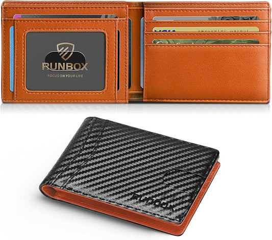 RUNBOX Wallet for Men Slim Leather Bifold RFID Blocking Minimalist Front Pocket Design with Gift Box