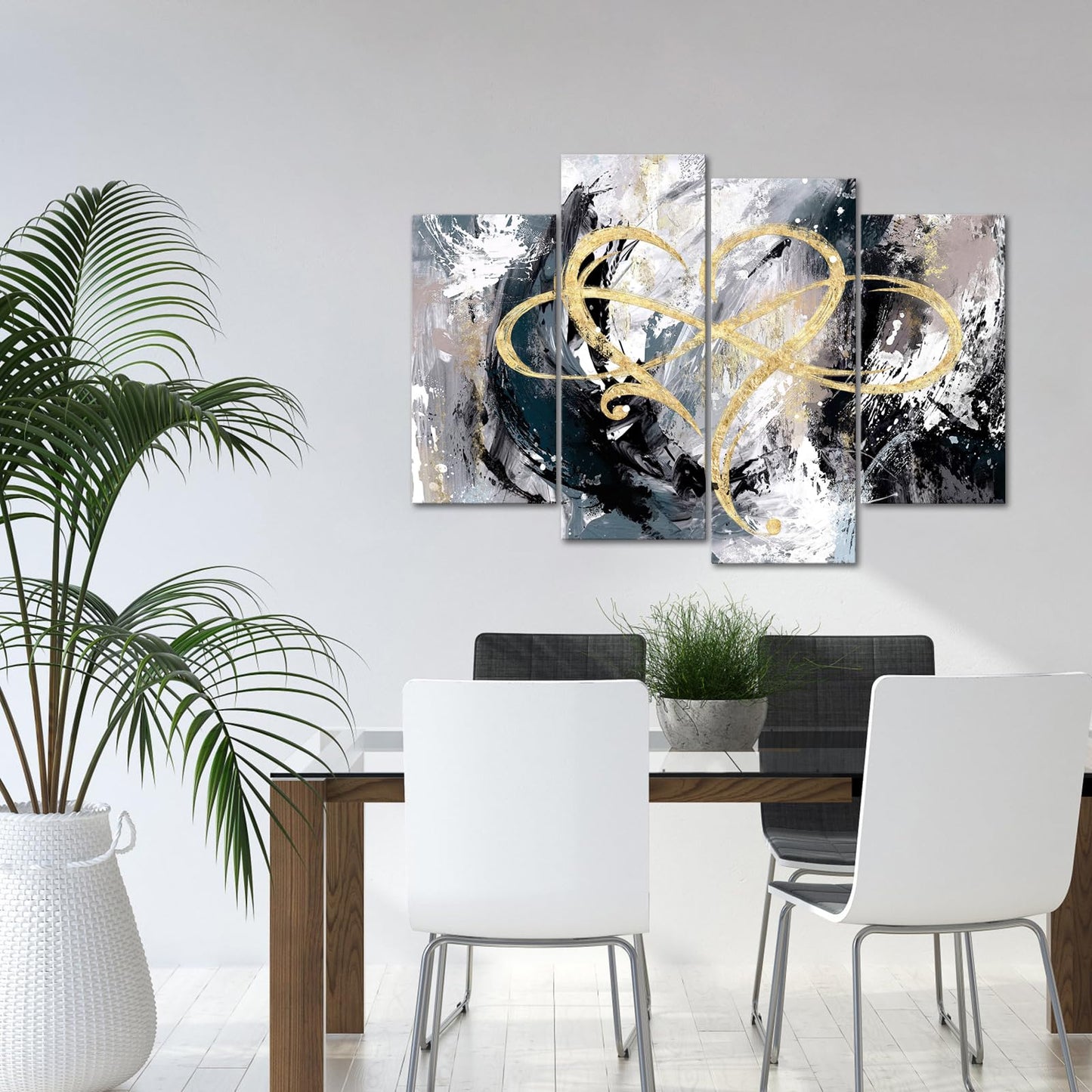 iHAPPYWALL 4 Panel Infinity Heart Canvas Wall Art Abstract Eternal Love Geometric Grey and Gold Picture Artwork for Bedroom Living Room Home Decor Ready to Hang (Grey)
