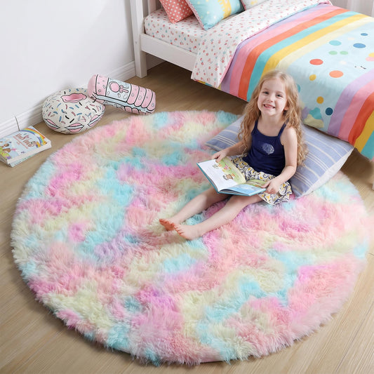 Amdrebio Rainbow Fluffy Round Rug 6Ft Kids Rugs for Girls Bedroom, Unicorn Room Decor, Colorful Pastel Plush Floor Carpet for Playroom Baby Nursery, Cute Shag Kawaii Circle Area Rug for Teen Princess