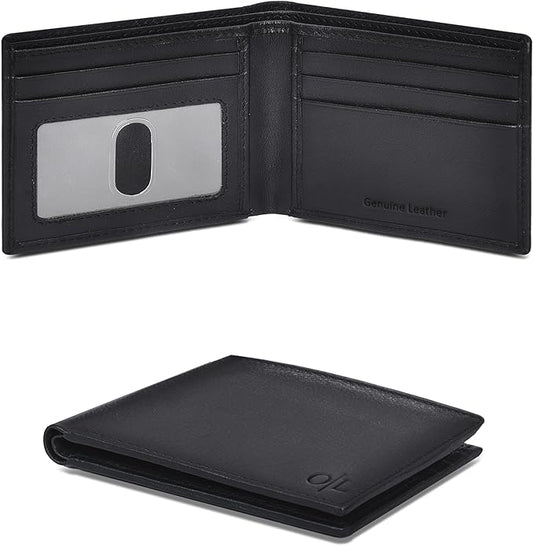 Oak Leathers Slim Leather Wallet for Men - RFID Blocking Slim Minimalist Front Pocket - Thin & Stylish with ID Window, Gift For Men (Black)