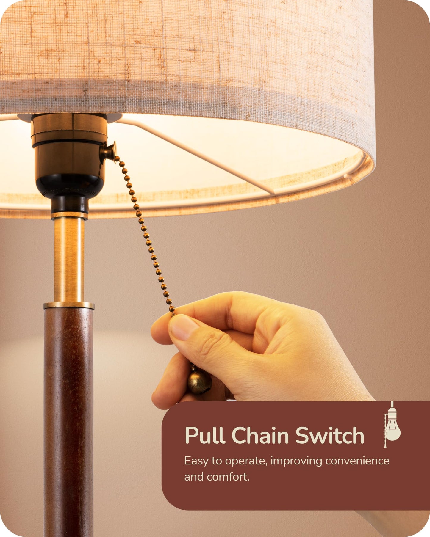 EDISHINE Mid Century Table Lamp, Bedside Lamp with Pull Chain Switch, Solid Wood & Metal Pole, Modern Nightstand Table Lamp for Living Room, Bedroom, Office, Frosted Bronze & Wood Finish