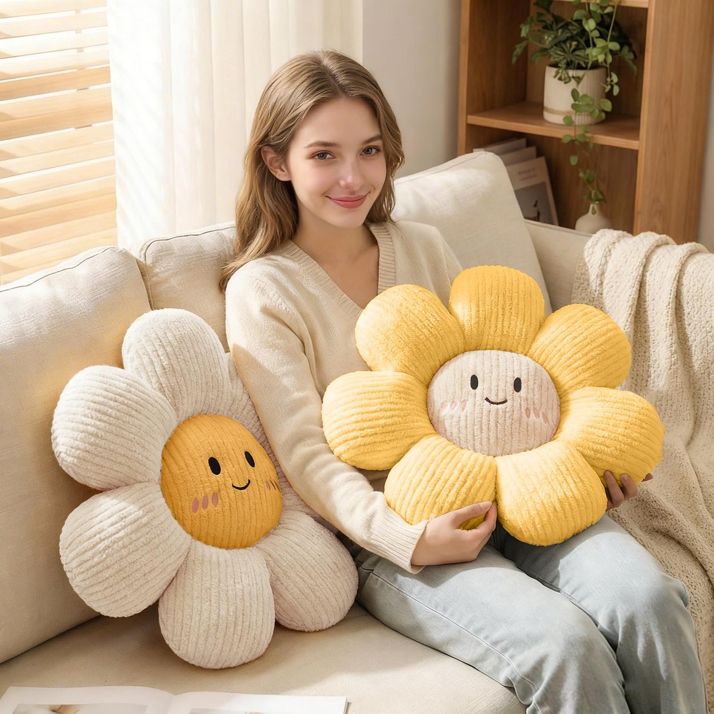 HonorHut 2 Pcs Cute Couch Pillows 17.7" Daisy Flower Pillow Decorative Flower Seat Cushion for Bedroom Living Room Sofa Decor White and Yellow