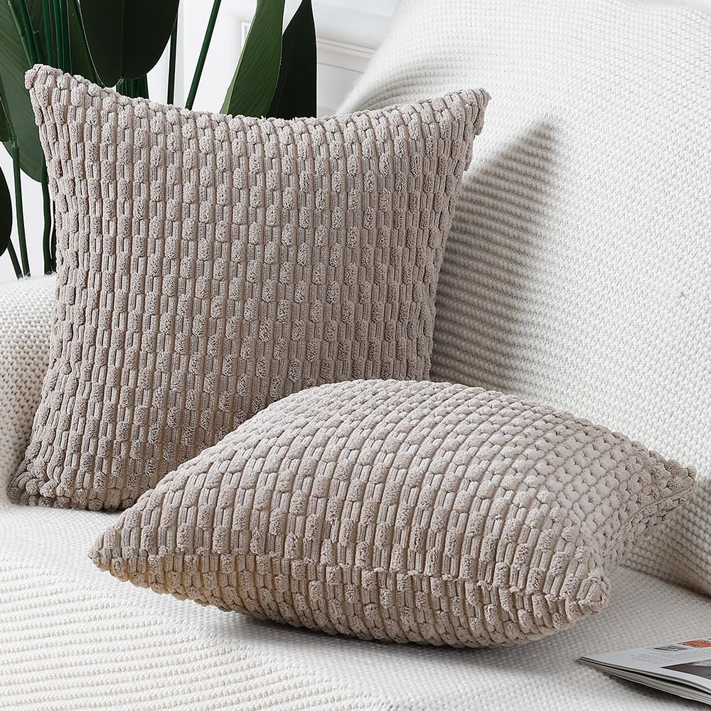 MADIZZ Pack of 2 Corduroy Decorative Euro Sham Pillow Covers 26x26 Inch Taupe Soft Boho Striped Couch Throw Pillows for Bed Pillowcases for Sofa Livingroom Home Decor
