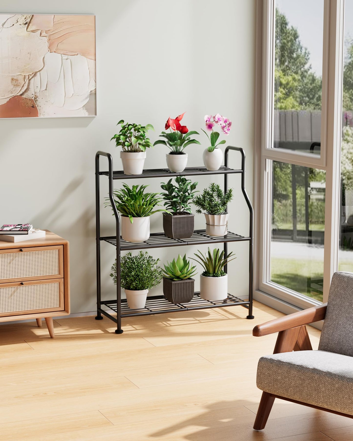 Kitsure Plant Stand Indoor & Outdoor - 3-Tier Metal Plant Shelf with Adjustable Leveling Feet, Easy to Assemble Planter Stand for Patio, Balcony, or Garden (Black, 27" x 11.4" x 29.3")