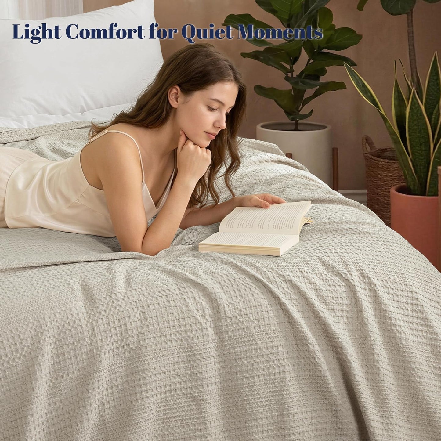 PHF Lightweight Waffle Weave Blanket Twin Size, Breathable & Ultra Soft, 66"x 90" Soft & Cozy Thin Blanket for Spring & Summer & Hot Sleepers, Bed, Home Decor - Light Taupe